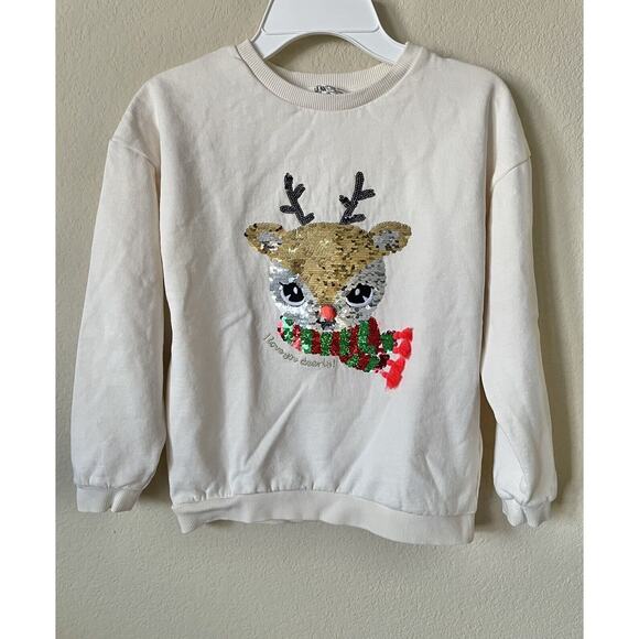H&M Ivory Flip Sequin Reindeer Tassel Pullover Fleece Sweatshirt Size 8-10Y - Picture 3 of 6